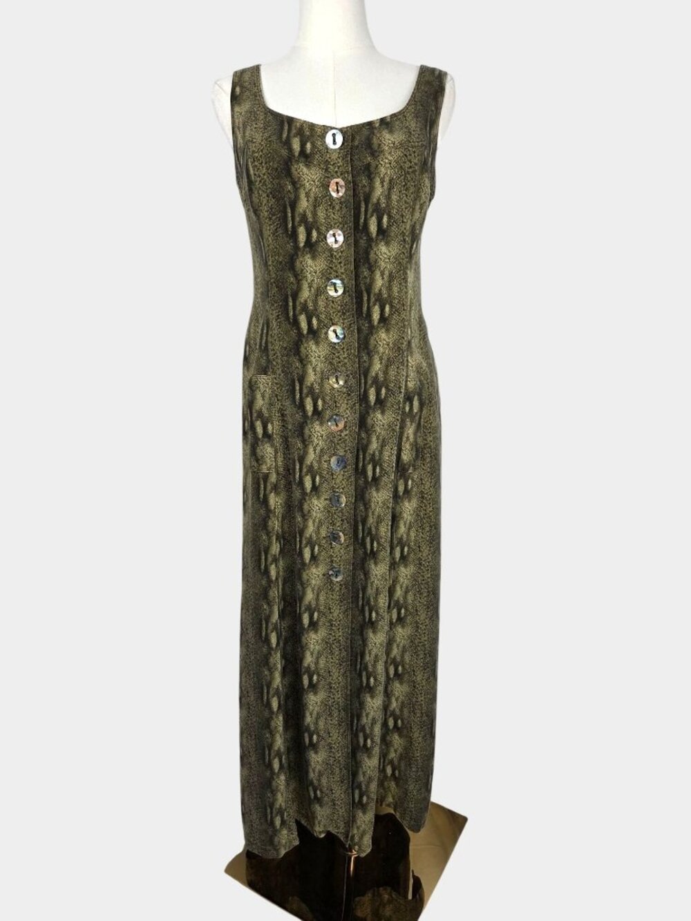 VTG‎ 90s Dana Buchman Silk Maxi Dress Sz 8 Snakeskin Print Button Down Green